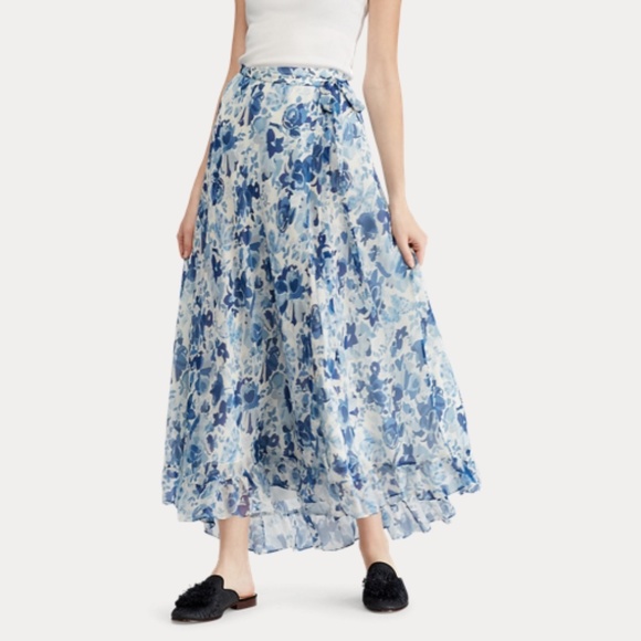 Polo Ralph Lauren Dresses & Skirts - Polo Ralph Lauren Blue Floral Silk Wrap Skirt